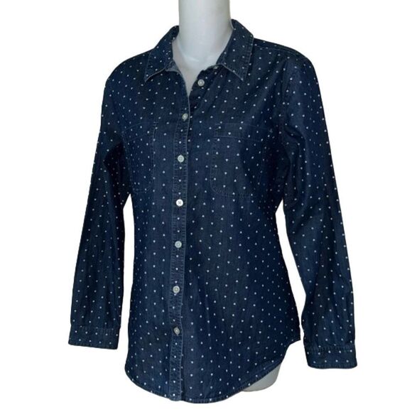 LOFT The Softened Shirt Chambray White Hearts Print Valentine's Day NWOT Small - Picture 3 of 11